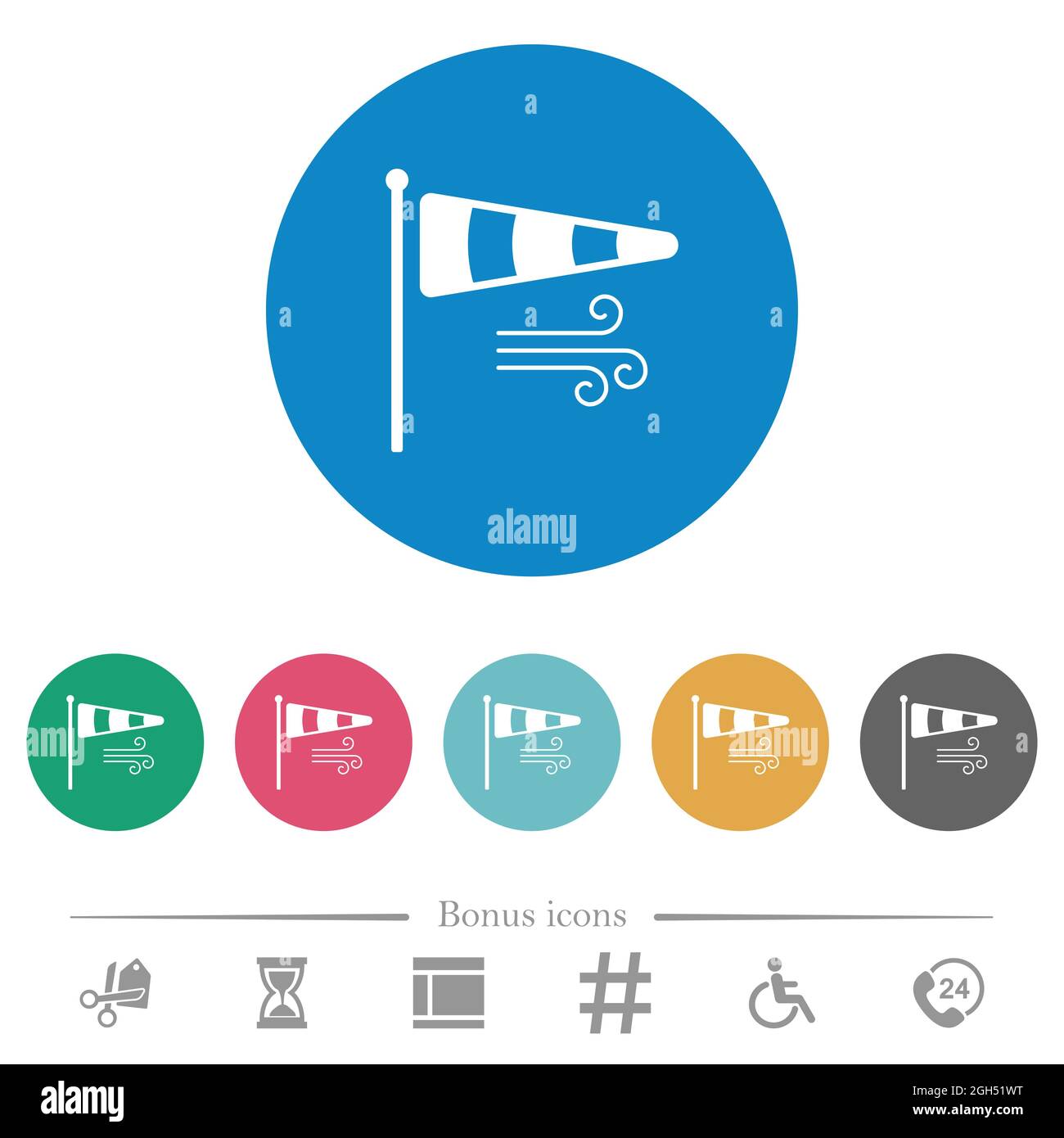 Windsock indicator with wind solid flat white icons on round color ...