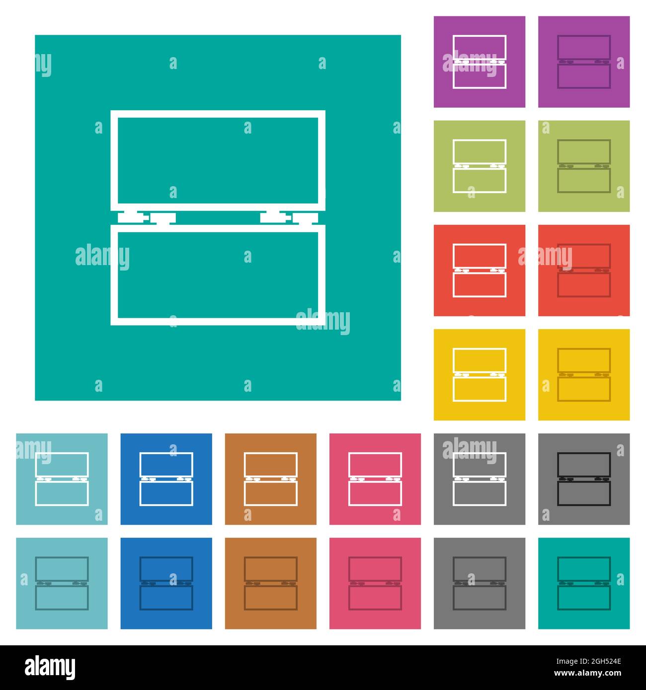 Empty toolbox multi colored flat icons on plain square backgrounds. Included white and darker icon variations for hover or active effects. Stock Vector