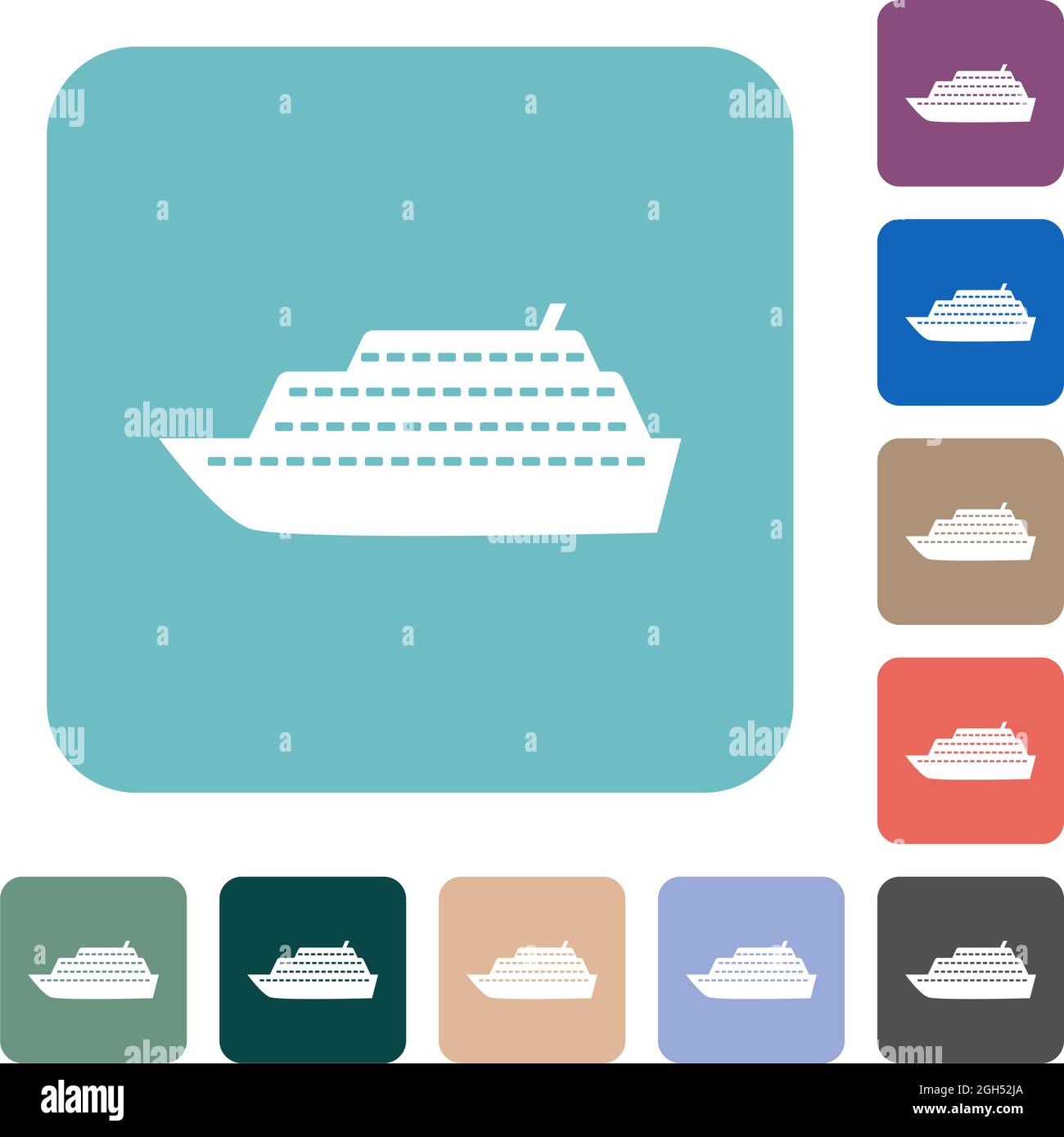 Cruise ship side view white flat icons on color rounded square ...