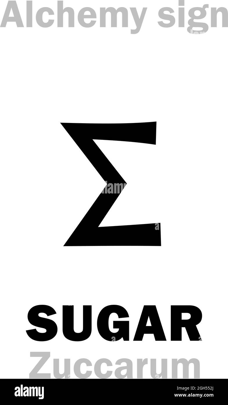 Alchemy Alphabet: SUGAR (Zuccarum, Saccharum), Common/Regular/Table sugar. Sucrose, disaccharide composed of two monosaccharides (glucose + fructose). Stock Vector