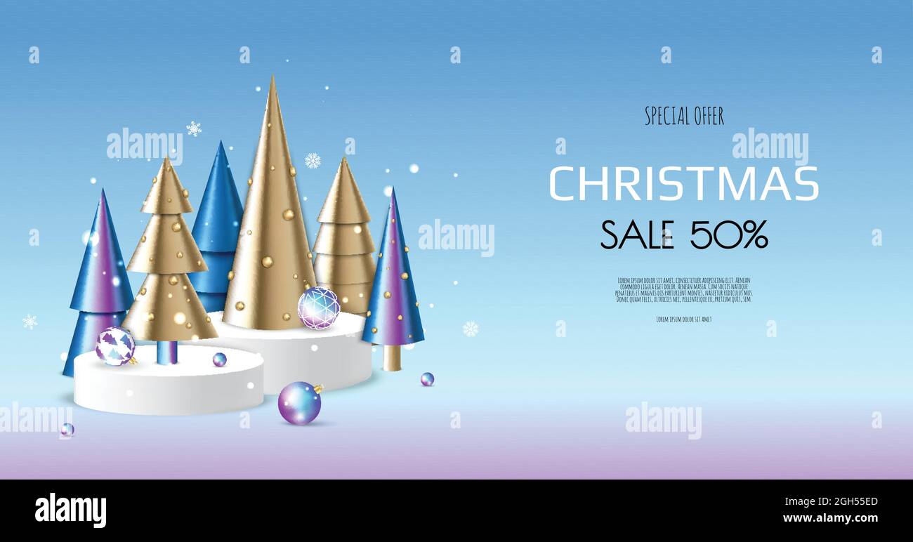 3D circle podium display with Christmas tree. Winter holiday background ...