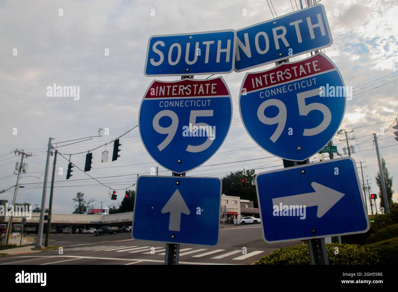 NORWALK, CT, USA- SEPTEMBER 5, 2021: Interstate road signon Post road /Connecticut Avenue/ at morning Stock Photo