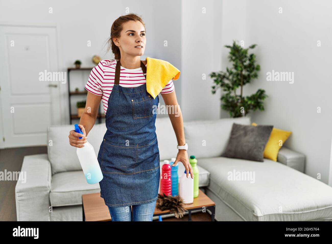 Young brunette woman wearing apron holding cleaning products at home ...