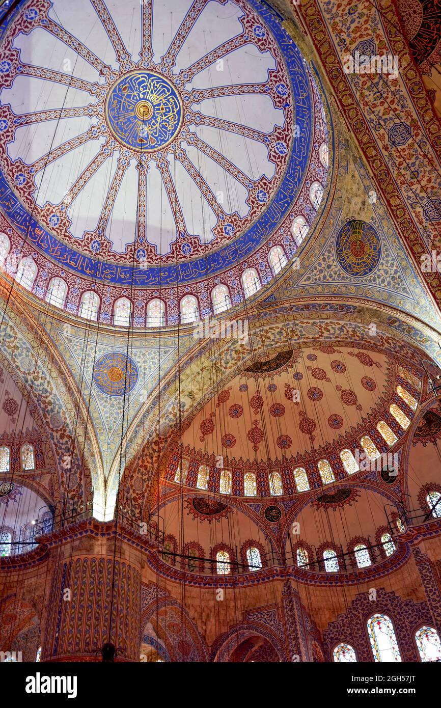 Ceiling and interior of the famous Blue Mosque in Istanbul, Turkey with ...