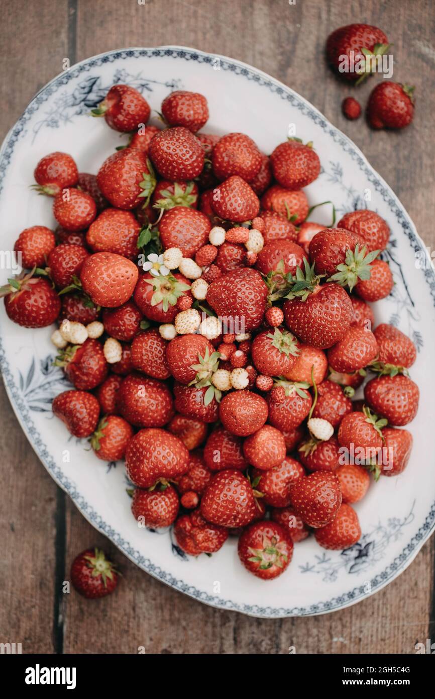 Fresh strawberries and wild strawberries on a vintage plate Stock Photo