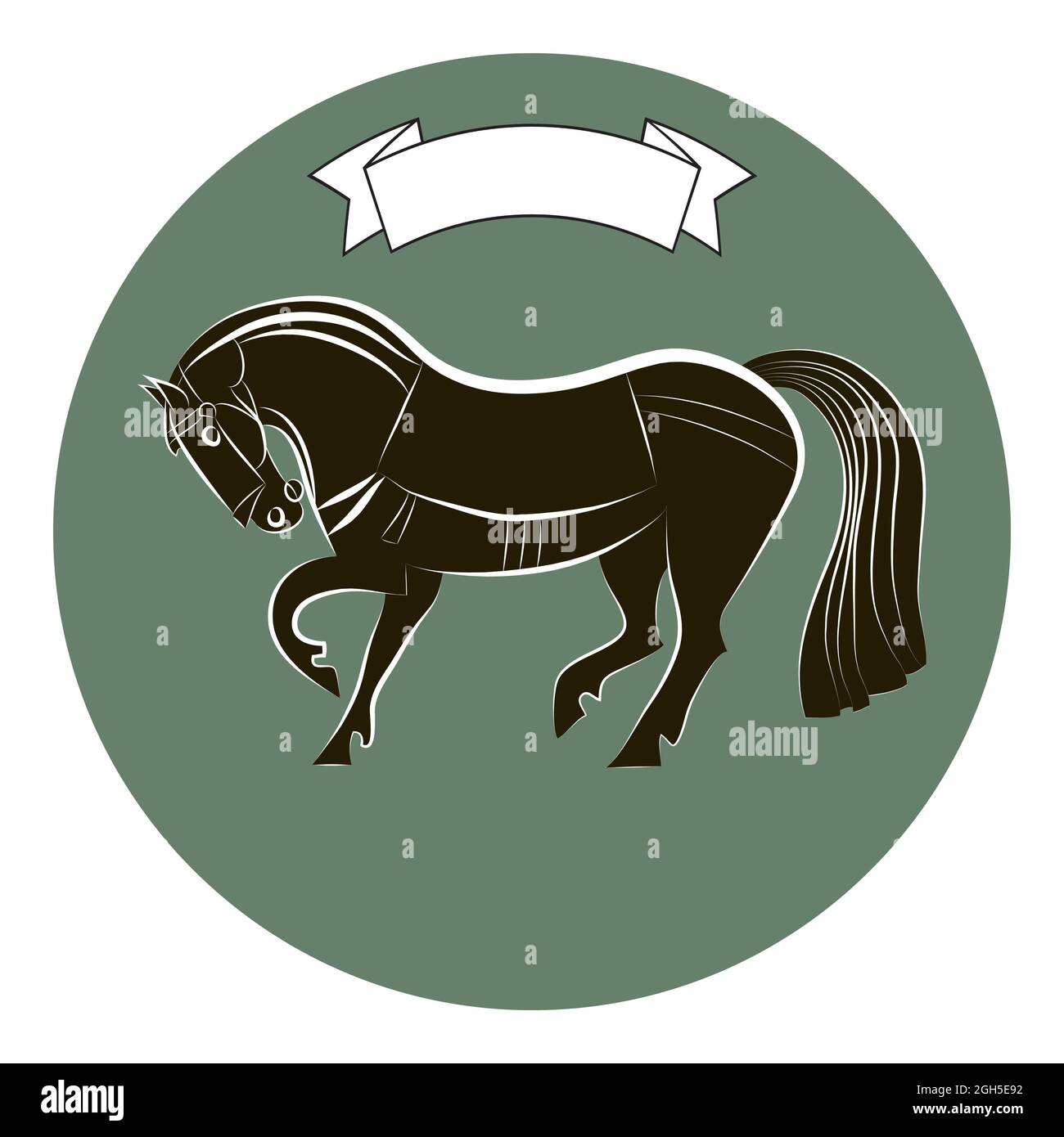 Thoroughbred racehorse. Horse silhouette isolated on green circle background. Black and white outline mustang. Ribbon banner over stallion. Equestrian Stock Vector