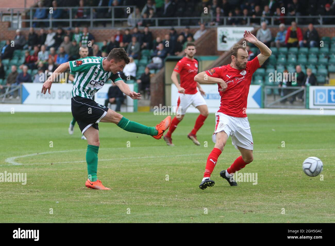 JJ O'Donnell of Blyth Spartans shoots during the Vanarama National League North match between Blyth Spartans AFC and Brackley Town at Croft Park, Blyth on Saturday 4th September 2021. (Credit: Will Matthews | MI News) Credit: MI News & Sport /Alamy Live News Stock Photo