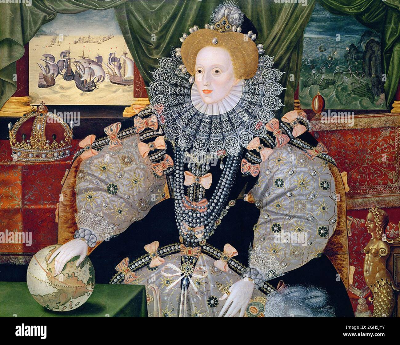 The 'Armada Portrait' of Queen Elizabeth I who was Queen of England from 1558 until 1603. This painting commemorates the defeat of the Spanish Armada, depicted in the background. Elizabeth's hand rests on the globe, symbolising her international power. Stock Photo