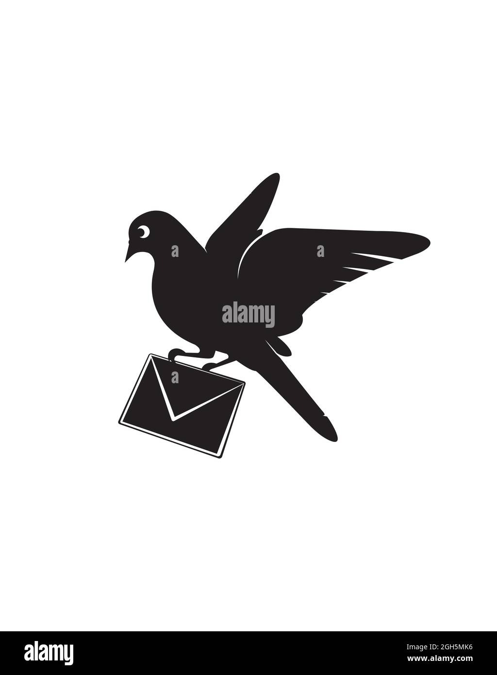 Flying bird silhouette holding letter, Vector. Pigeon bird illustration isolated on white background. Black and white wall decals. Art Decoration Stock Vector