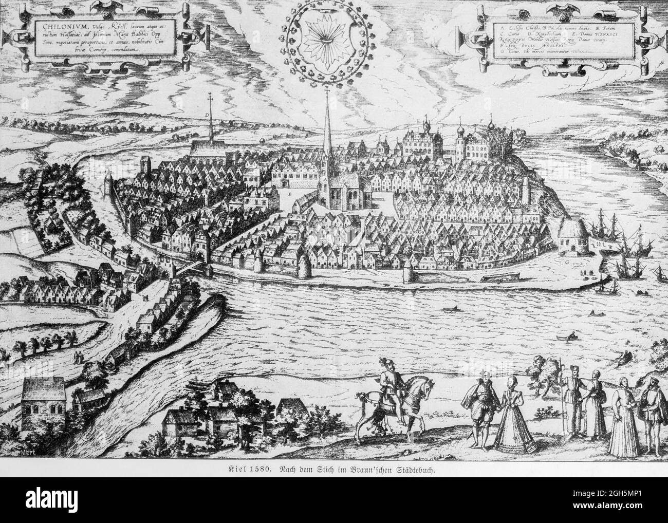 View of the historic city Kiel on the Baltic Sea anno 1580, engraving 1899, Kiel, Kiel Fjord, Schleswig-Holstein, North Germany, Stock Photo