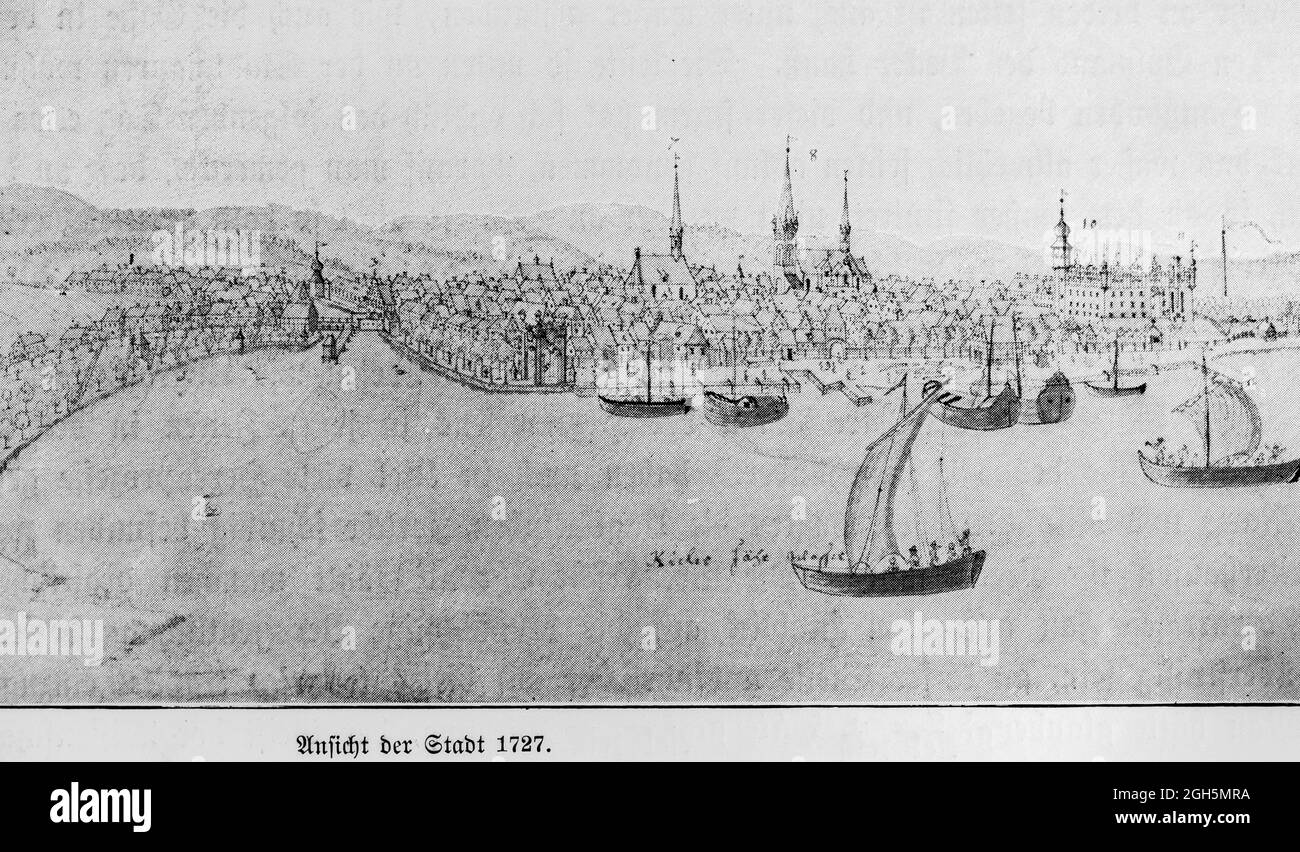 View of the historic city Kiel on the Baltic Sea in the year 1727 , engraving 1899, Kiel, Kiel Fjord, Schleswig-Holstein, North Germany, Stock Photo