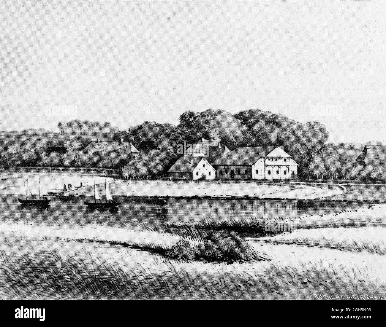 Bruhn´s Restautant in Dorfgaarden, view of historic Kiel district Gaarden,  Baltic Sea, engraving 1899, Kiel, Kiel Fjord, Schleswig-Holstein,Germany, Stock Photo