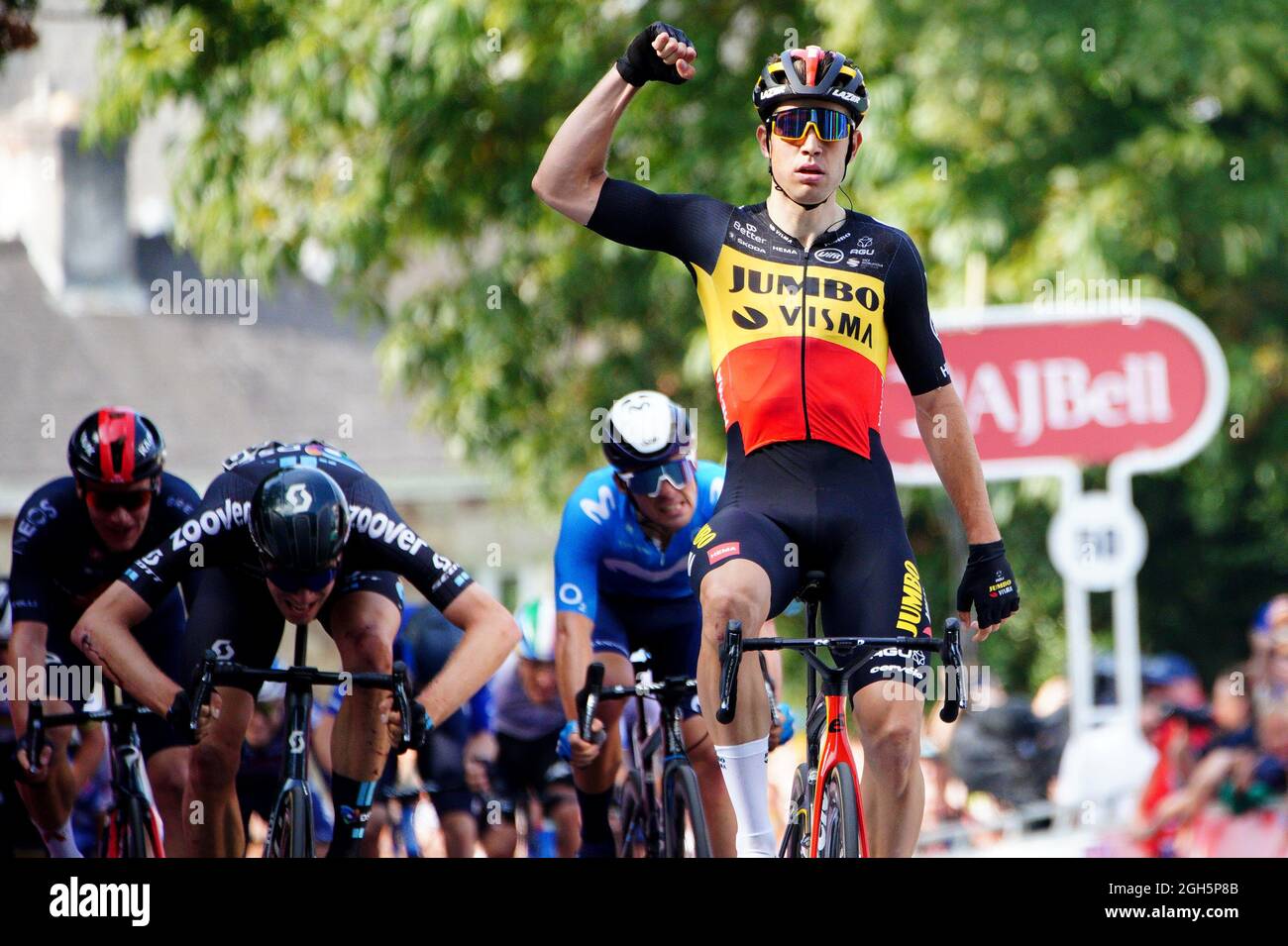 Team Jumbo-Visma's Wout Van Aert wins stage one of the AJ Bell Tour of Britain from Penzance to Bodmin. Picture date: Sunday September 5, 2021. Stock Photo