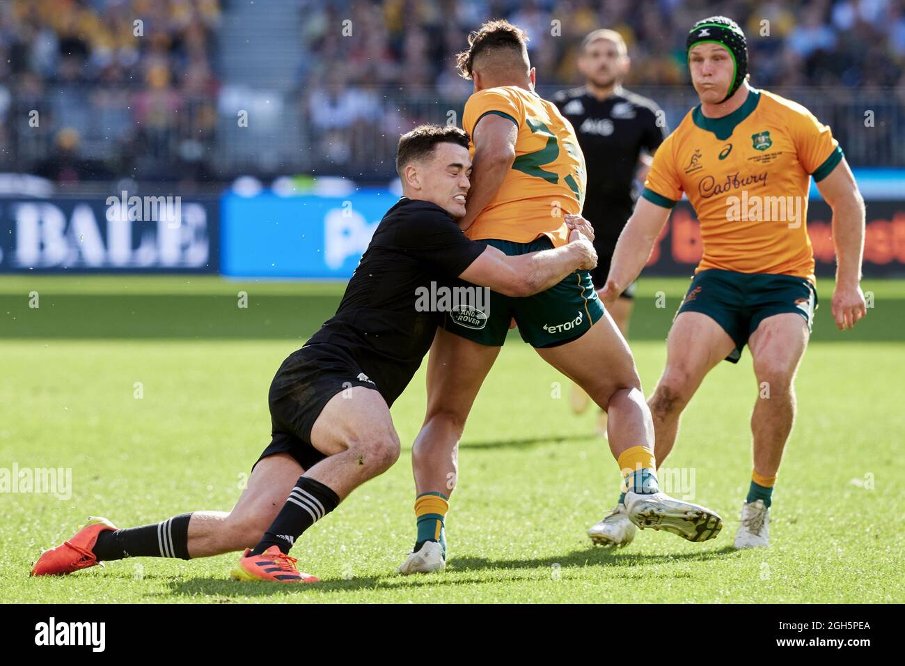 Perth, Australia, 5 September, 2021. Jordan Petaia of the Wallabies is  tackled during The Rugby Championship and Bledisloe Cup match between the  Australian Wallabies and the New Zealand All Blacks. Credit: Graham