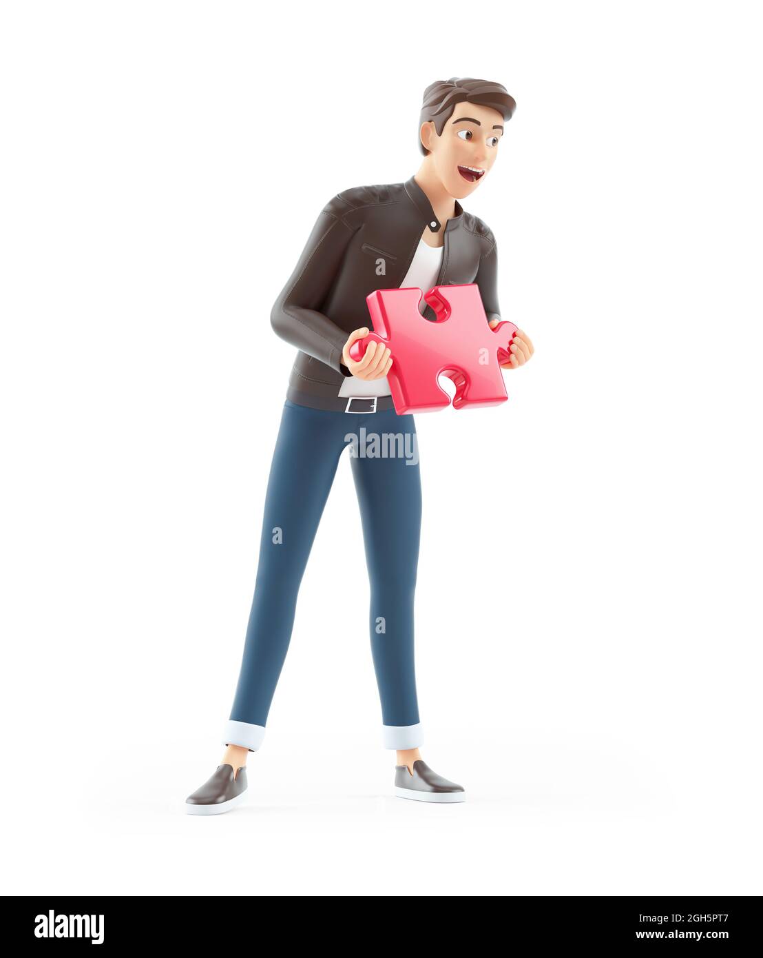 3d happy cartoon man holding piece of puzzle, illustration isolated on white background Stock Photo