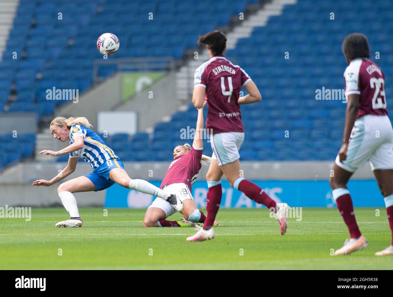 Brighton, UK. 05th Sep, 2021. Megan Connolly of Brighton and Hove Albion is fouled during the FA Women's Super League match between Brighton & Hove Albion Women and West Ham United Ladies at The Amex Stadium on September 5th 2021 in Brighton, United Kingdom. (Photo by Jeff Mood/phcimages.com) Credit: PHC Images/Alamy Live News Stock Photo