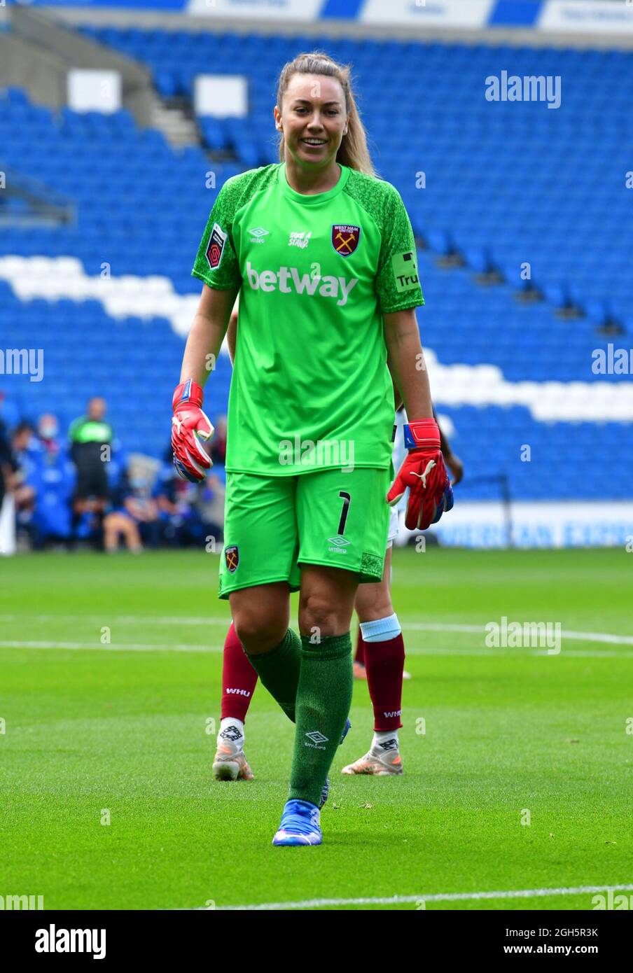 Brighton, UK. 05th Sep, 2021. Mackenzie Arnold Goalkeeper of West Ham United smiles after seeing a shot by Lee Geum-Min of Brighton and Hove Albion go wide during the FA Women's Super League match between Brighton & Hove Albion Women and West Ham United Ladies at The Amex Stadium on September 5th 2021 in Brighton, United Kingdom. (Photo by Jeff Mood/phcimages.com) Credit: PHC Images/Alamy Live News Stock Photo