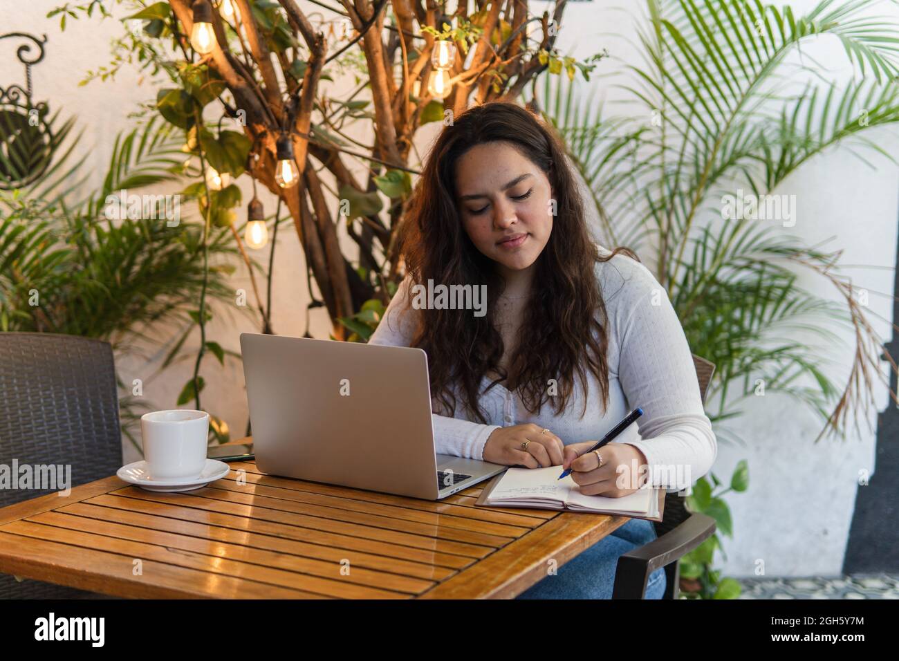 Focused young Latin American female student taking notes in planner while working on laptop preparing for university exam in cozy cafe Stock Photo