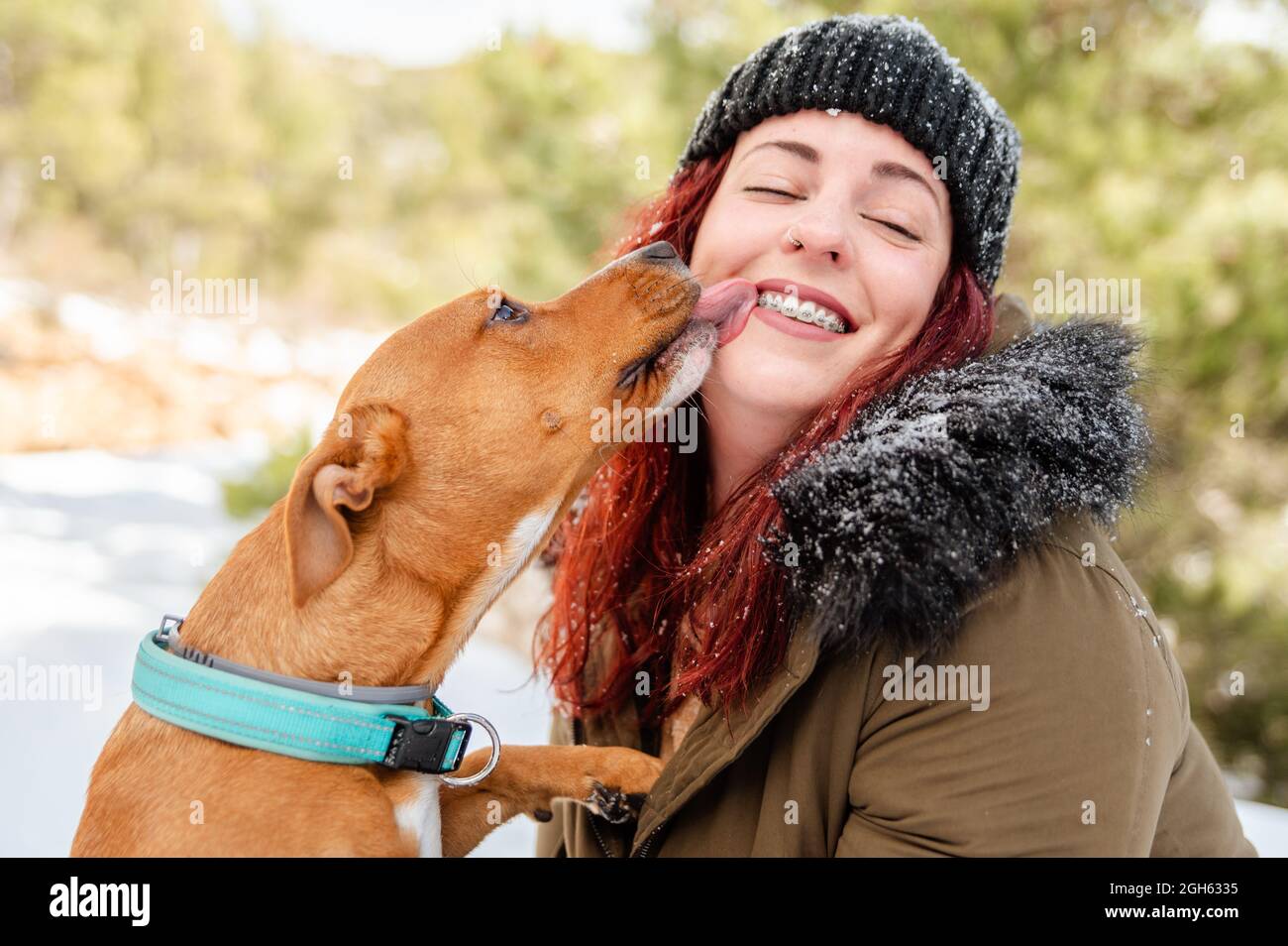 Adorable dog licking face of cheerful female owner in warm clothes