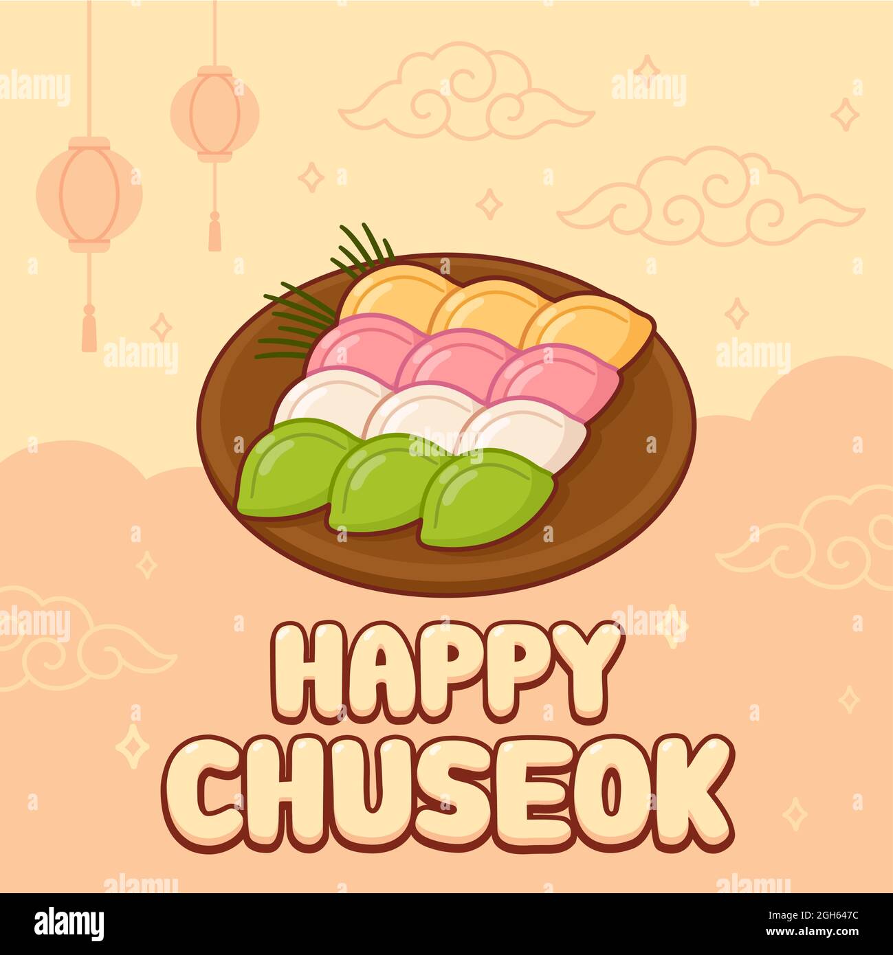 Happy Chuseok, Korean Autumn holiday, harvest festival. Cute cartoon greeting card design with Songpyeon rice cakes. Vector clip art illustration. Stock Vector