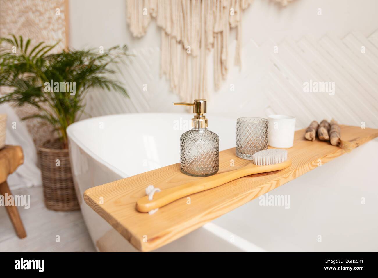 Luxury Cosmetics Products Lying On Shelf In Modern Bathroom Stock Photo
