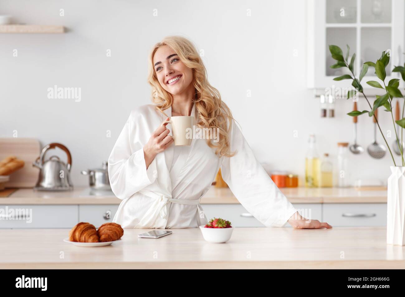 Healthy breakfast at home, good morning and delicious coffee, rest and enjoy weekend and vacation Stock Photo