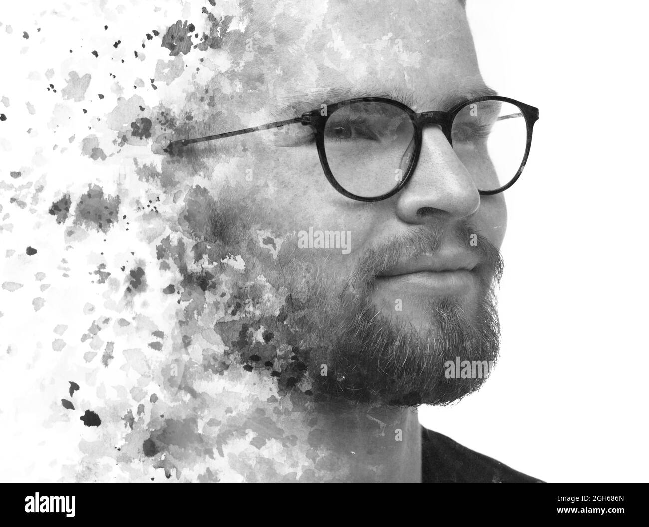 Double exposure of a black and white portrait of a man and watercolor ...