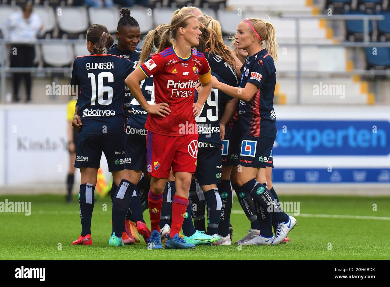 Linkoping, Sweden. 05th Sep, 2021. Linkoping FC celebrates while Michaela  van den Bulk (4 Djurgarden) looks dejected during the game in the Swedish  League OBOS Damallsvenskan on September 5th 2021 between Linkoping