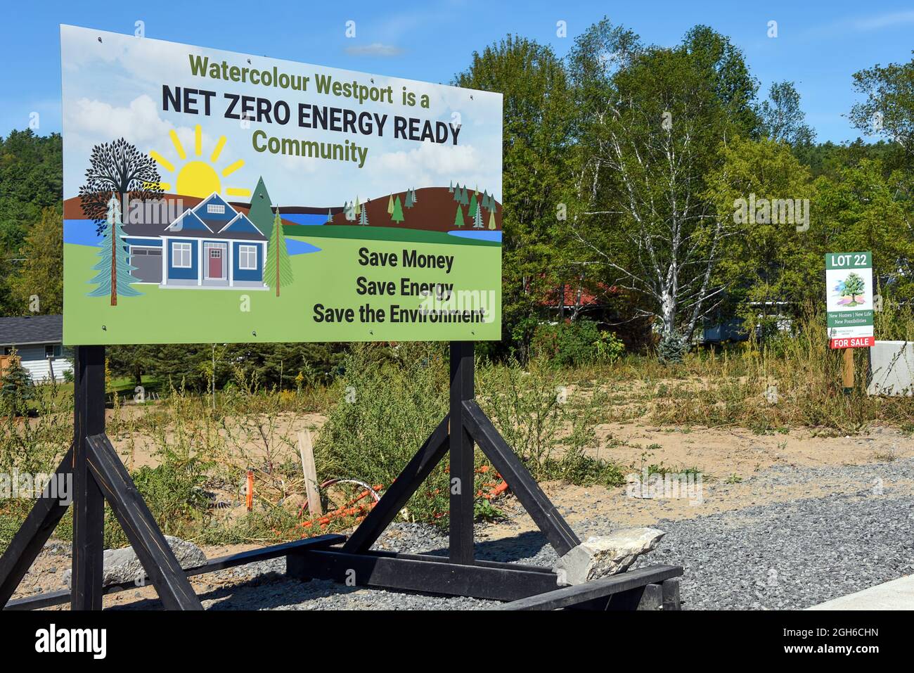 Westport, Canada - September 4, 2021:  Sign for Watercolour Westport a new development of net zero energy ready homes in the small eastern Ontario tow Stock Photo