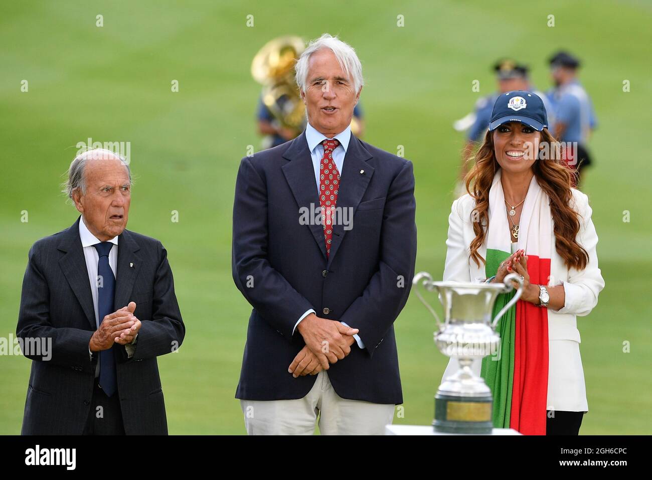 Franco Chimenti Giovanni Malago’ and Lavinia Biagiotti during the 4 round of the DS Automobiles 78th Italian Golf Open at Marco Simone Golf Club on September 05, 2021 in Rome Italy Stock Photo