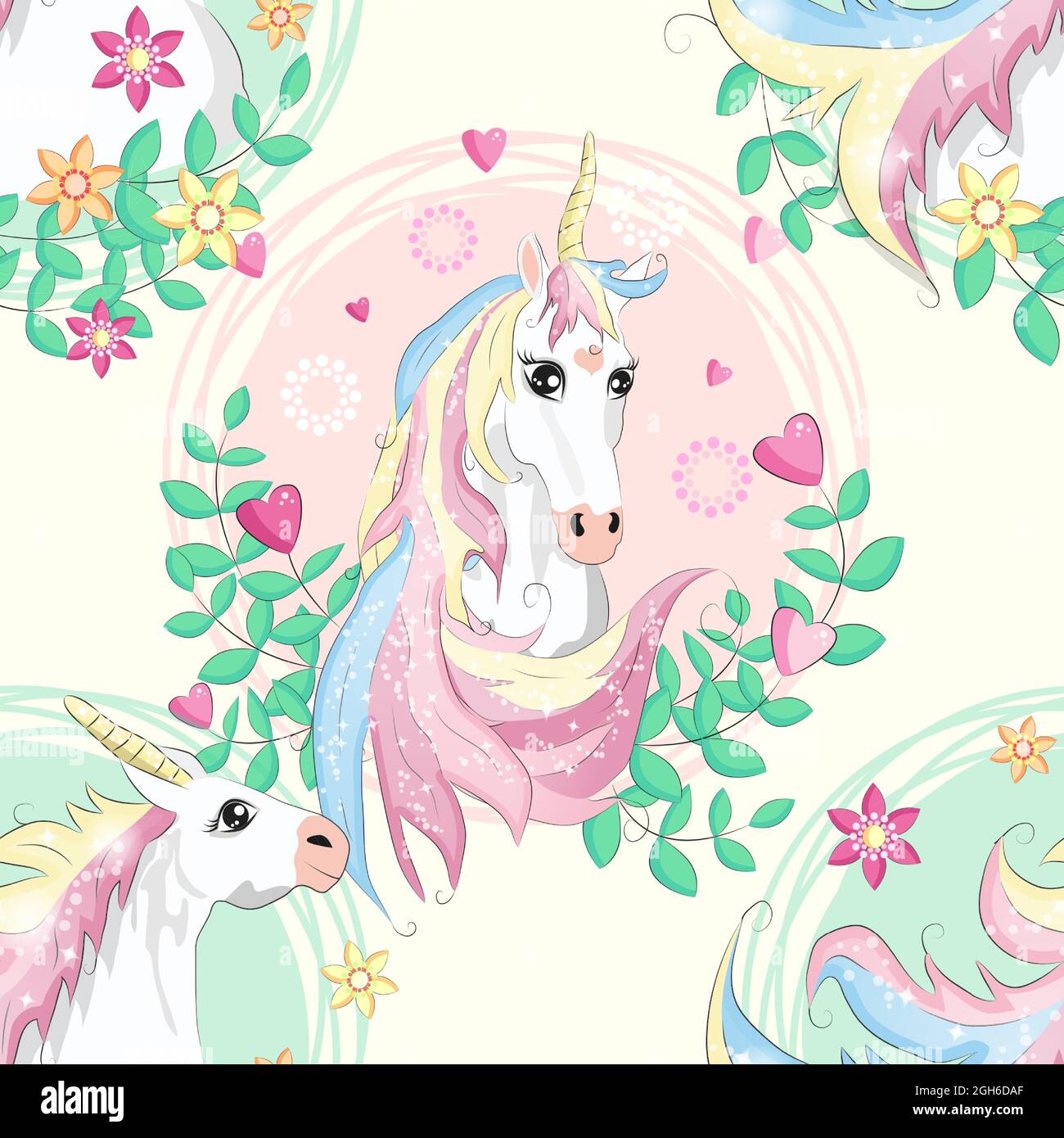 pattern with cute unicorns, clouds,rainbow and stars. Magic background ...