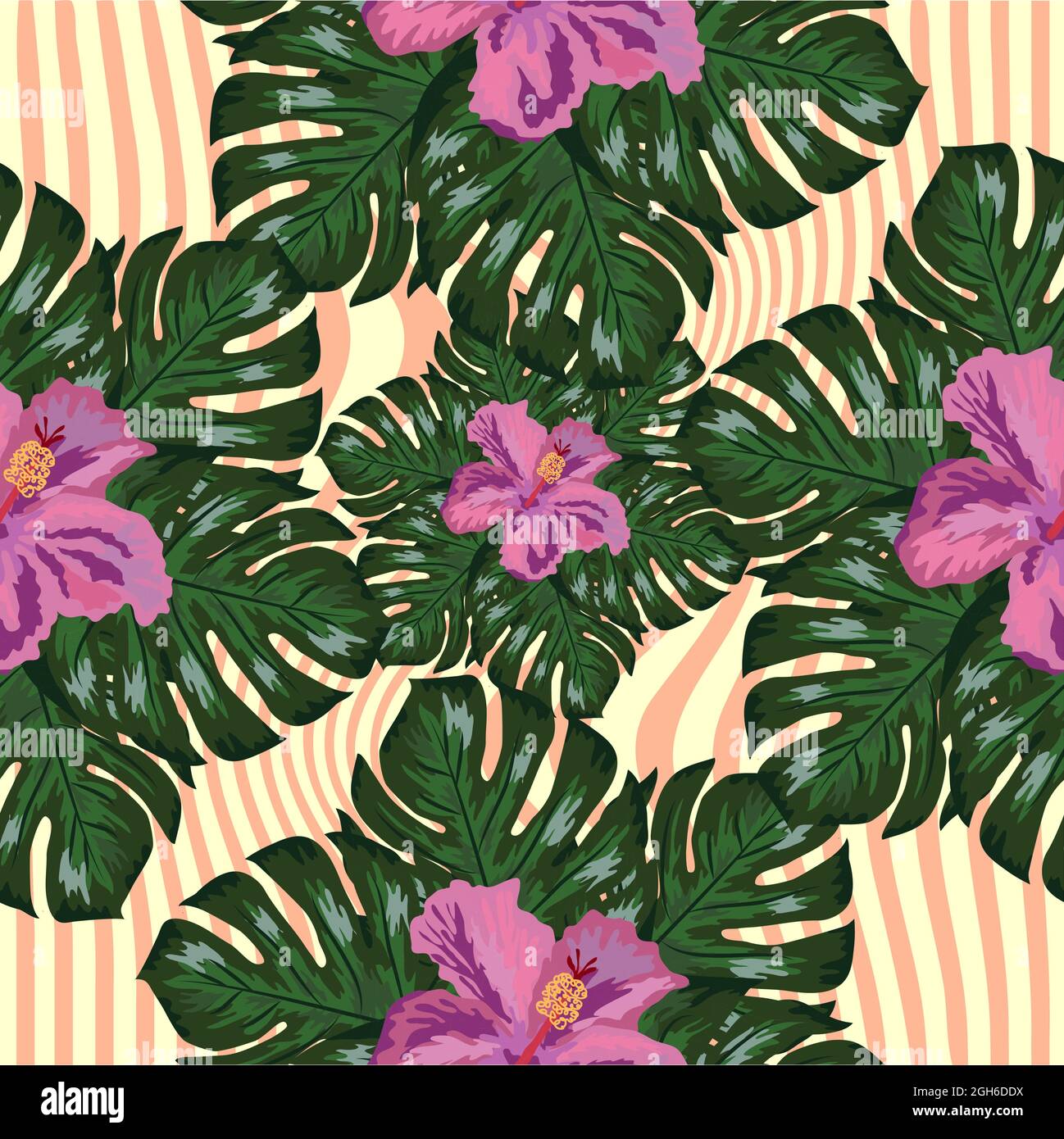 Tropical flowers and palm leaves on background. Seamless pattern Stock ...