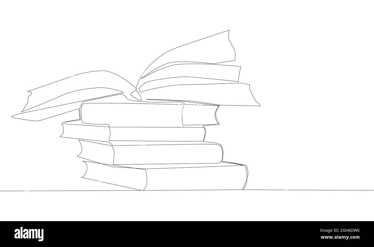 Stack of opened books in style of one line. Black contour. Stock Vector