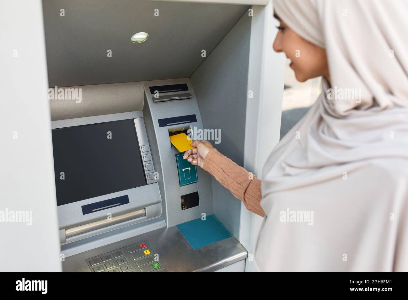 Money transfer, payment, finance withdrawal, cash management, technology outdoor Stock Photo