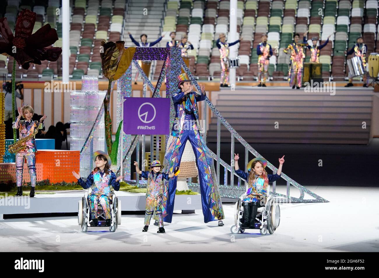 General view of a tall person on stilts and the performers during the show, SEPTEMBER 5, 2021 : Tokyo 2020 Paralympic Games Closing Ceremony at the Olympic Stadium in Tokyo, Japan. Credit: SportsPressJP/AFLO/Alamy Live News Stock Photo