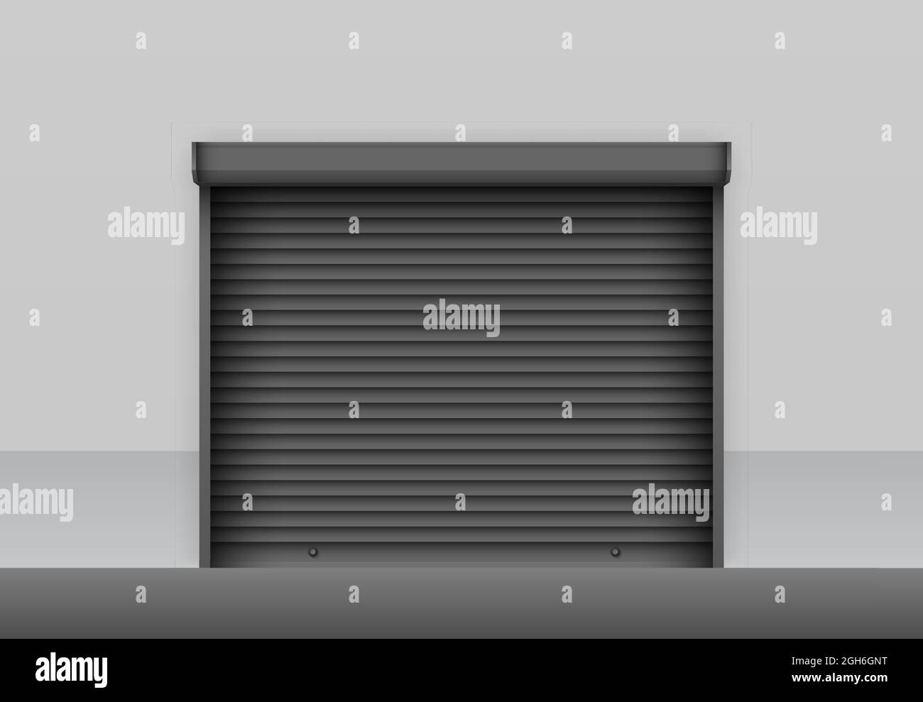 Realistic black roller shutter door on grey storage wall. Industrial roller shutter for metal