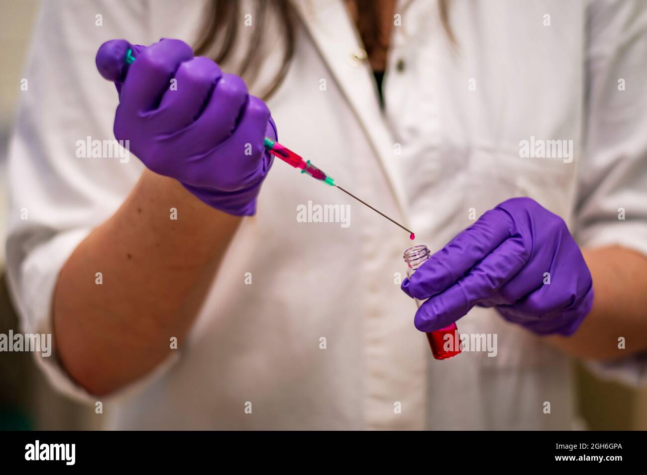 An european woman scientist adding toxic reagent carefully in a chemistry laboratory wearing gloves and lab coat as protective measure for bacterial r Stock Photo