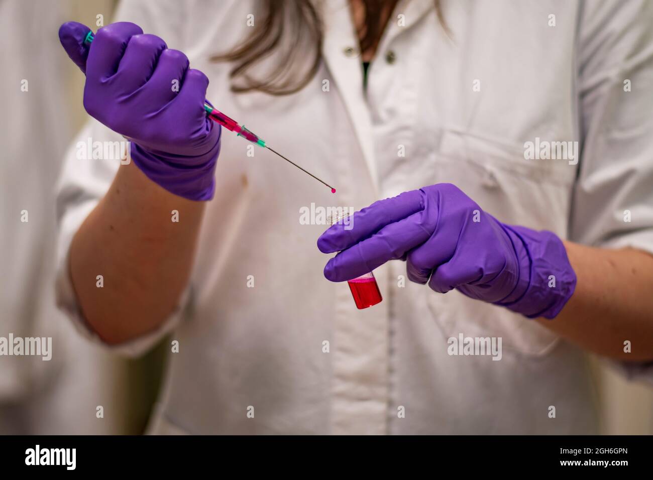 A woman researcher adding toxic reagent carefully in a chemistry laboratory wearing gloves and lab coat as protective measure Stock Photo
