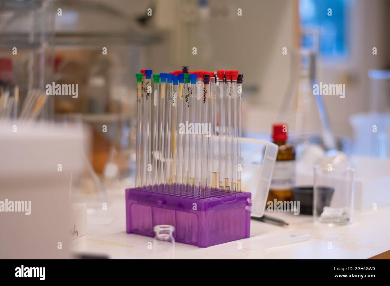 Nuclear resonance NMR tube kept in a line in box for chemical