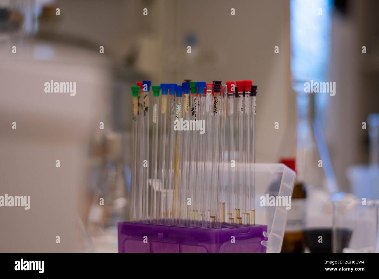 Nuclear resonance NMR tube kept in a line in box for chemical