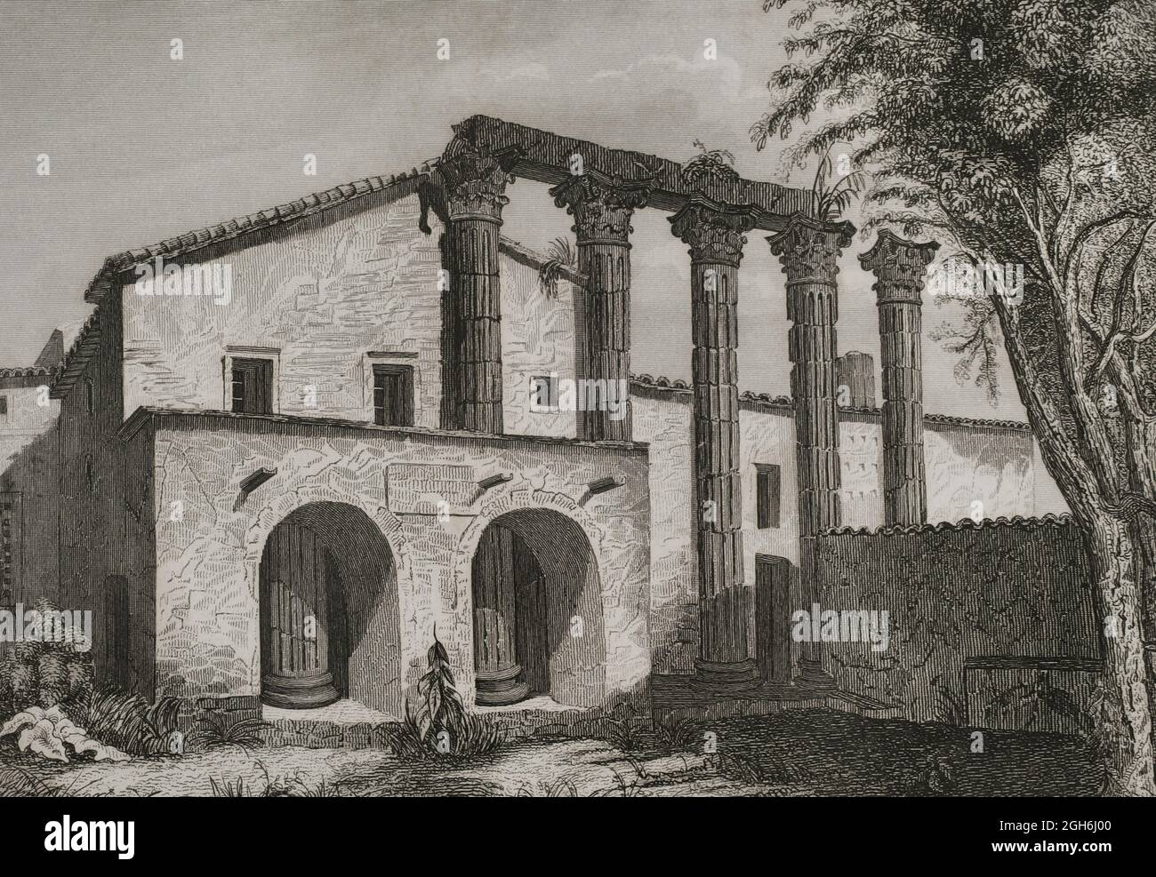 Spain, Extremadura. Ruins of the Temple of Diana in Mérida. Engraving. Las Glorias Nacionales. Volume I, Madrid-Barcelona edition, 1852. Stock Photo