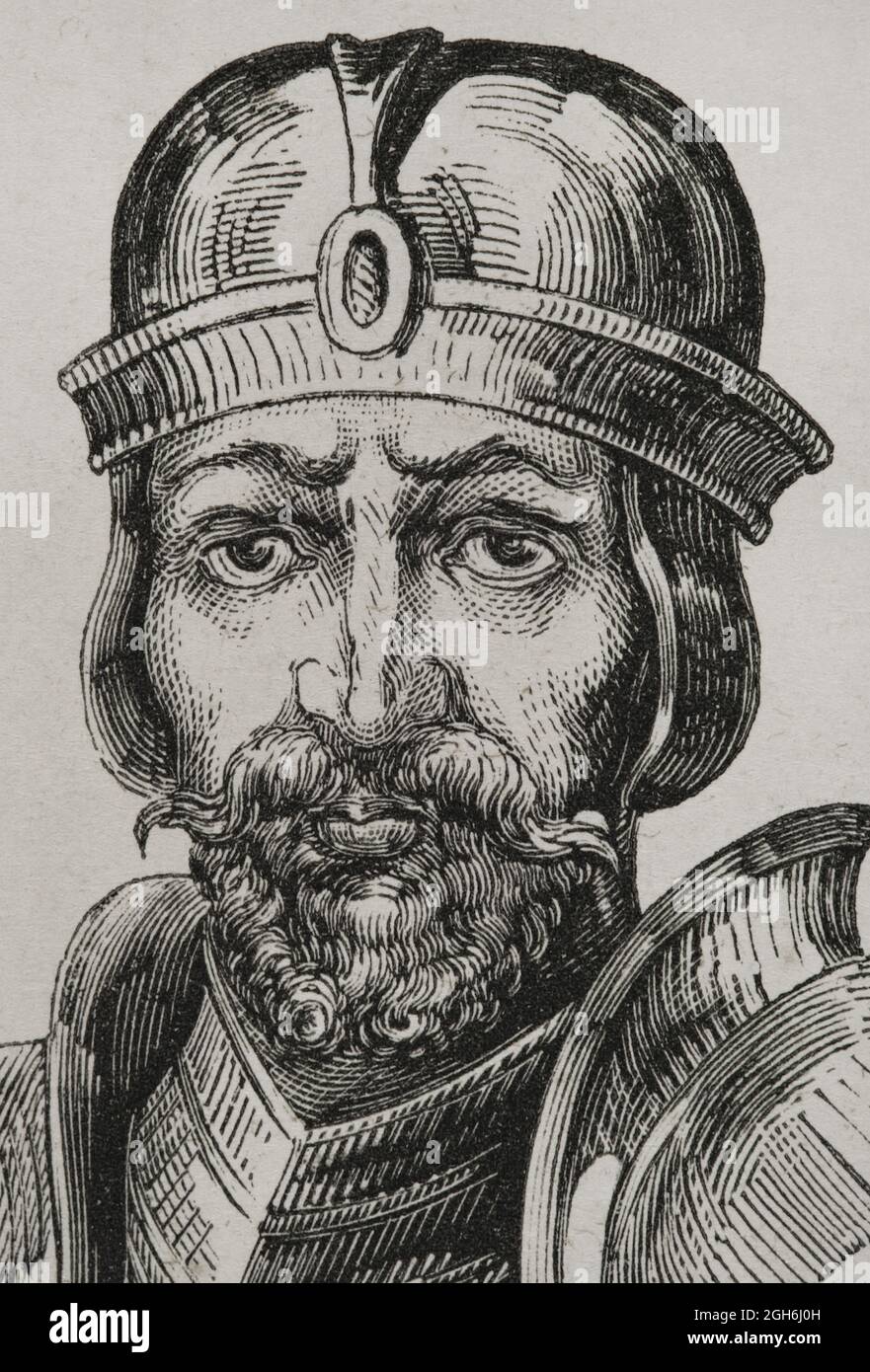 Roderick (Rodrigo). The last Visigothic king (710 to 711). He lost the throne when the Iberian Peninsula was invaded by the Muslims. Portrait. Engraving. Las Glorias Nacionales. Volume II, Madrid-Barcelona edition, 1853. Stock Photo