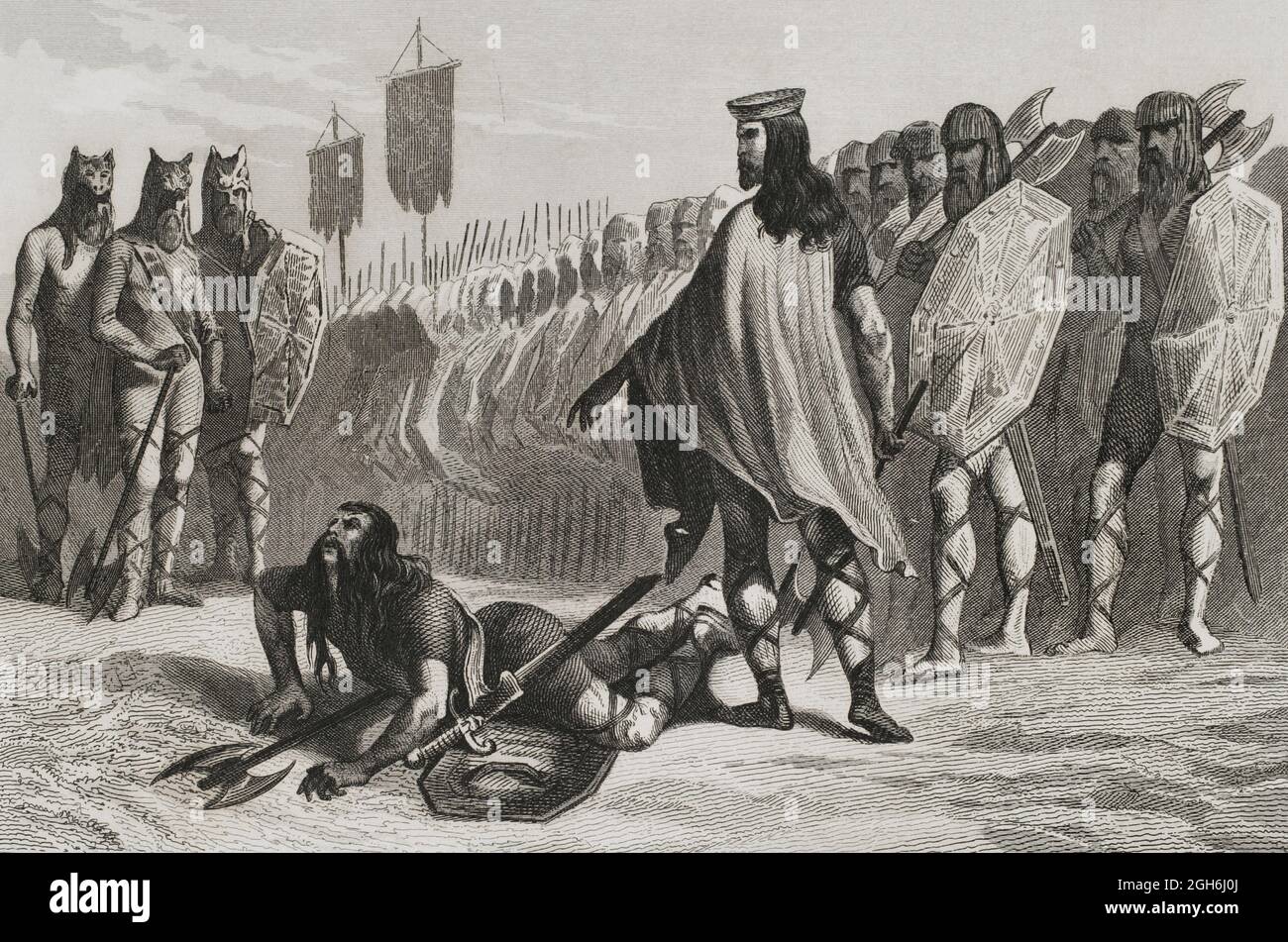 Ancient Age. 2nd century BC. Roman conquest of the Iberian Peninsula. Viriathus' justice. Thus perish the slaves of the Romans. Engraving. Las Glorias Nacionales. Volume I, Madrid-Barcelona edition, 1852. Stock Photo