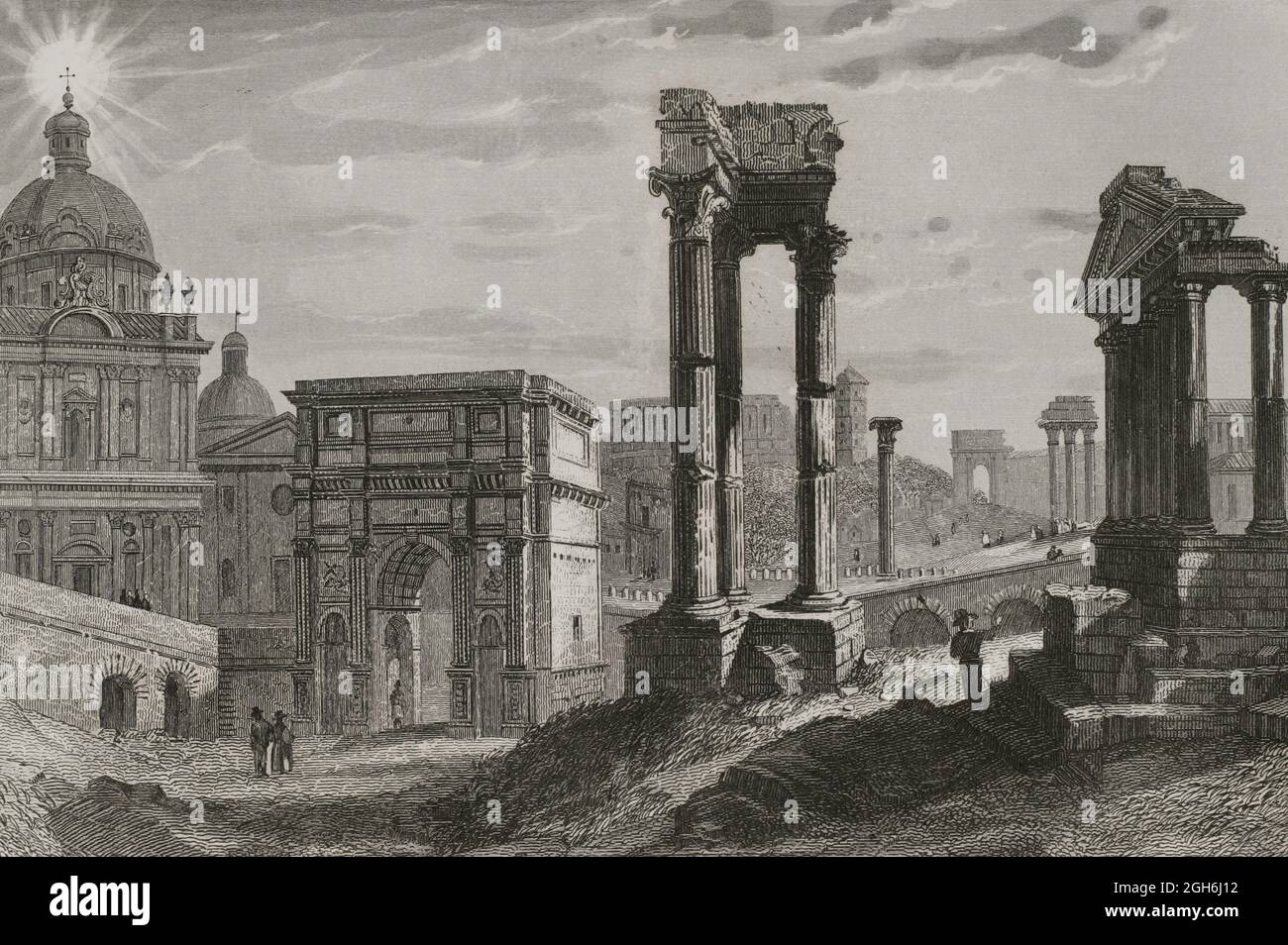 Italy, Rome. The new era inaugurated by the cross on the ruins of the Roman civilization. In the foreground the Arch of Septimus Severus in the Roman Forum. In the background the cross over the dome of the Santi Luca e Martina Church, Baroque style. Engraving by Antonio Roca. Las Glorias Nacionales. Volume I, Madrid-Barcelona edition, 1852. Stock Photo