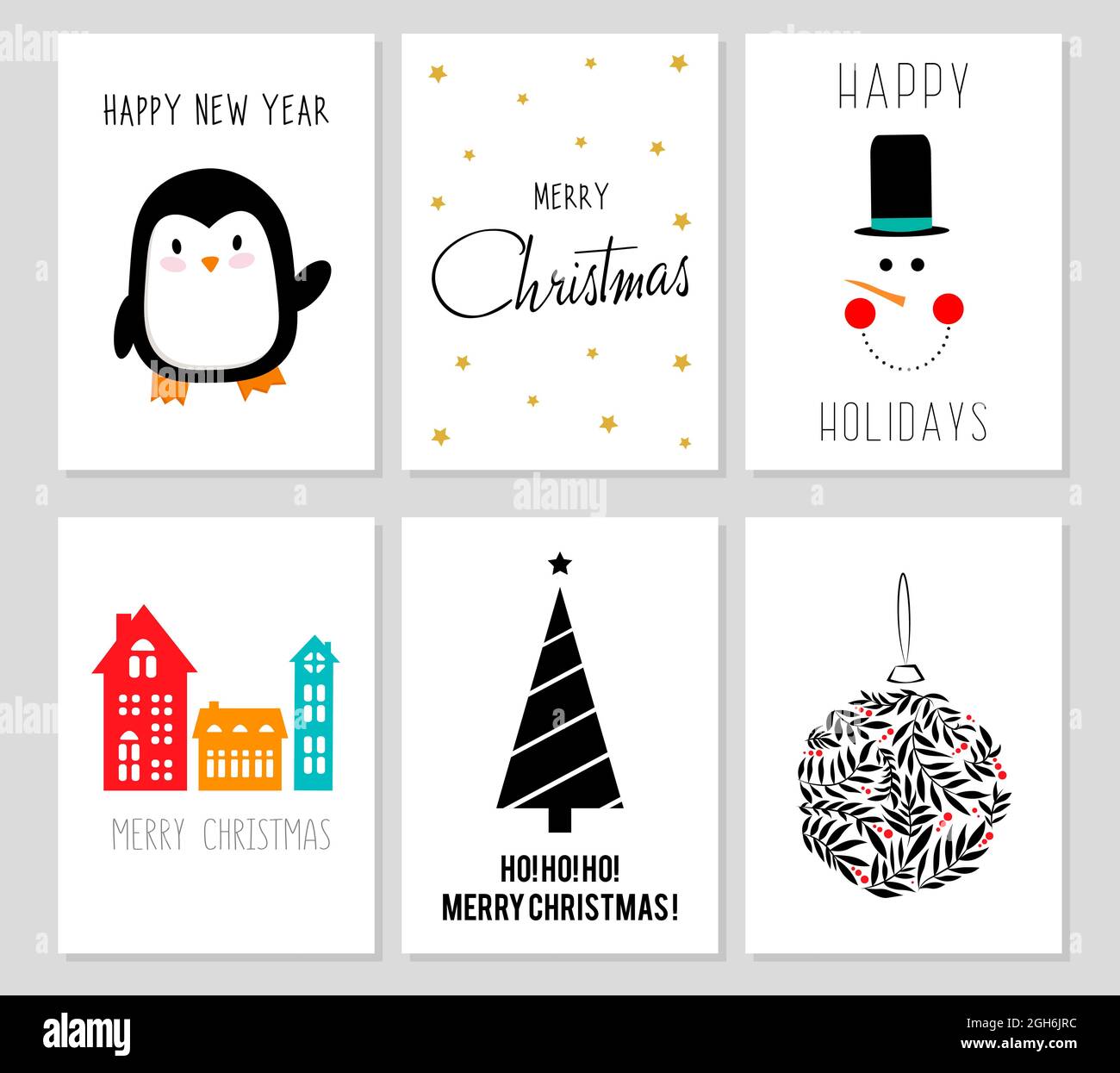 Decorated vertical Christmas cards with New Year tree, houses, penguin, Christmas ball, toy, snowman. Set of 6 Christmas posters. Vector Template for Stock Vector