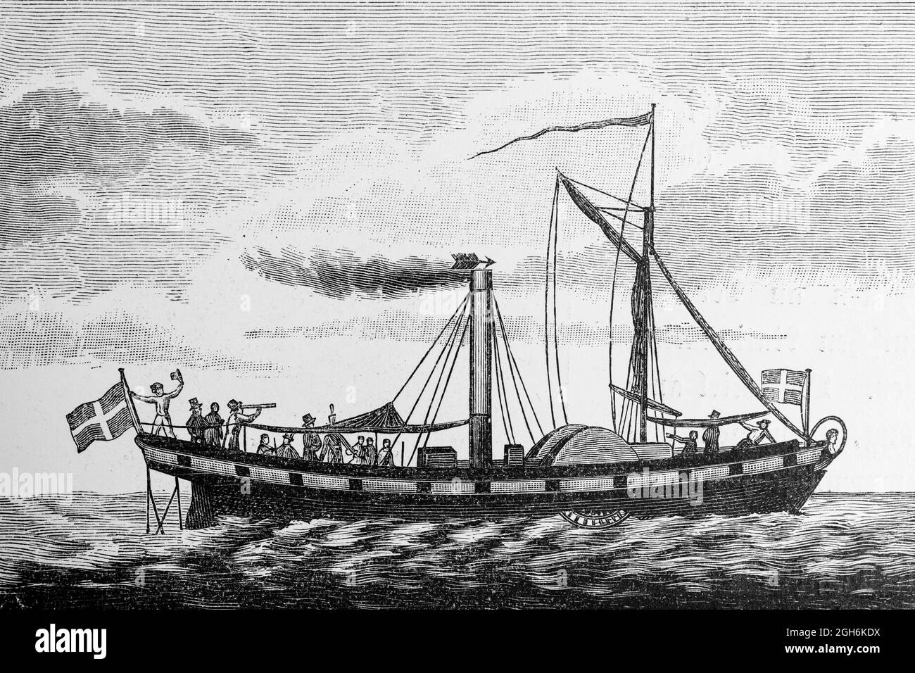 The Danish steamer Caledonia built in Glasgow in 1815 line ship between Kiel and Copenhagn, engraving of 1899, Kiel, Schleswig-Holstein, Germany, Stock Photo