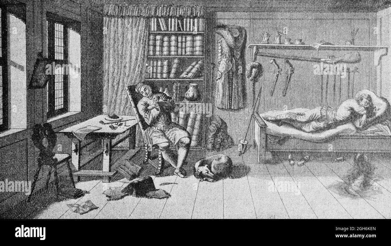 Lazy university students, scenes from the academic life in 1725, historic engraving of 1899, Kiel, Schleswig-Holstein, North Germany, Stock Photo