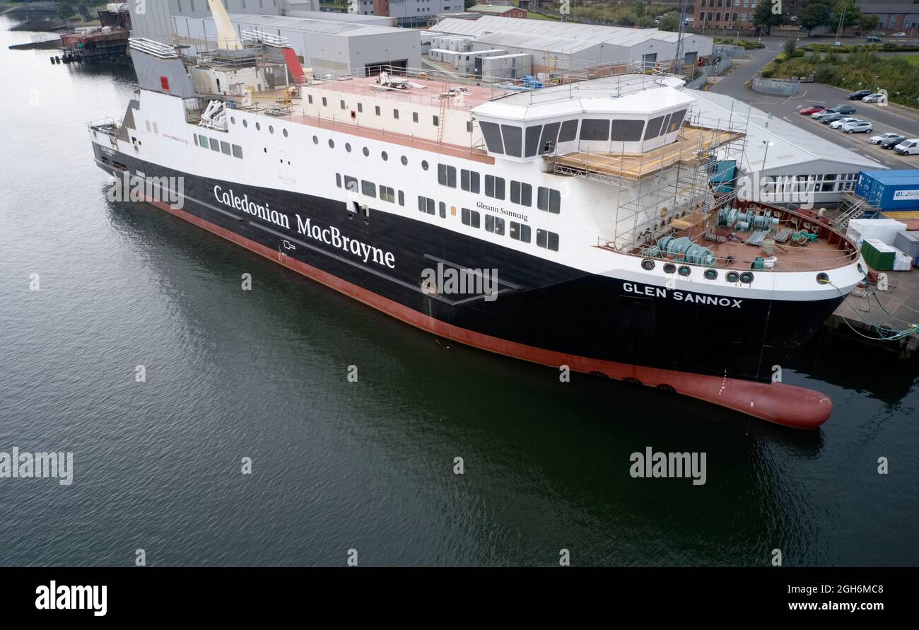 Port Glasgow, Scotland, UK, September 5th 2021, Ferguson Marine shipyard and the progress of new Calmac ferry named Glen Sannox Stock Photo