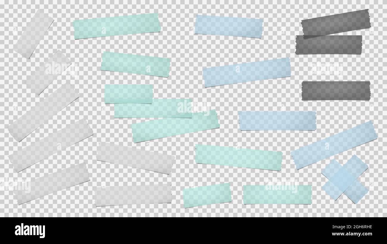 White, grey, green, blue different size adhesive, sticky, masking, duct tape paper pieces are on squared background. Vector illustration Stock Vector
