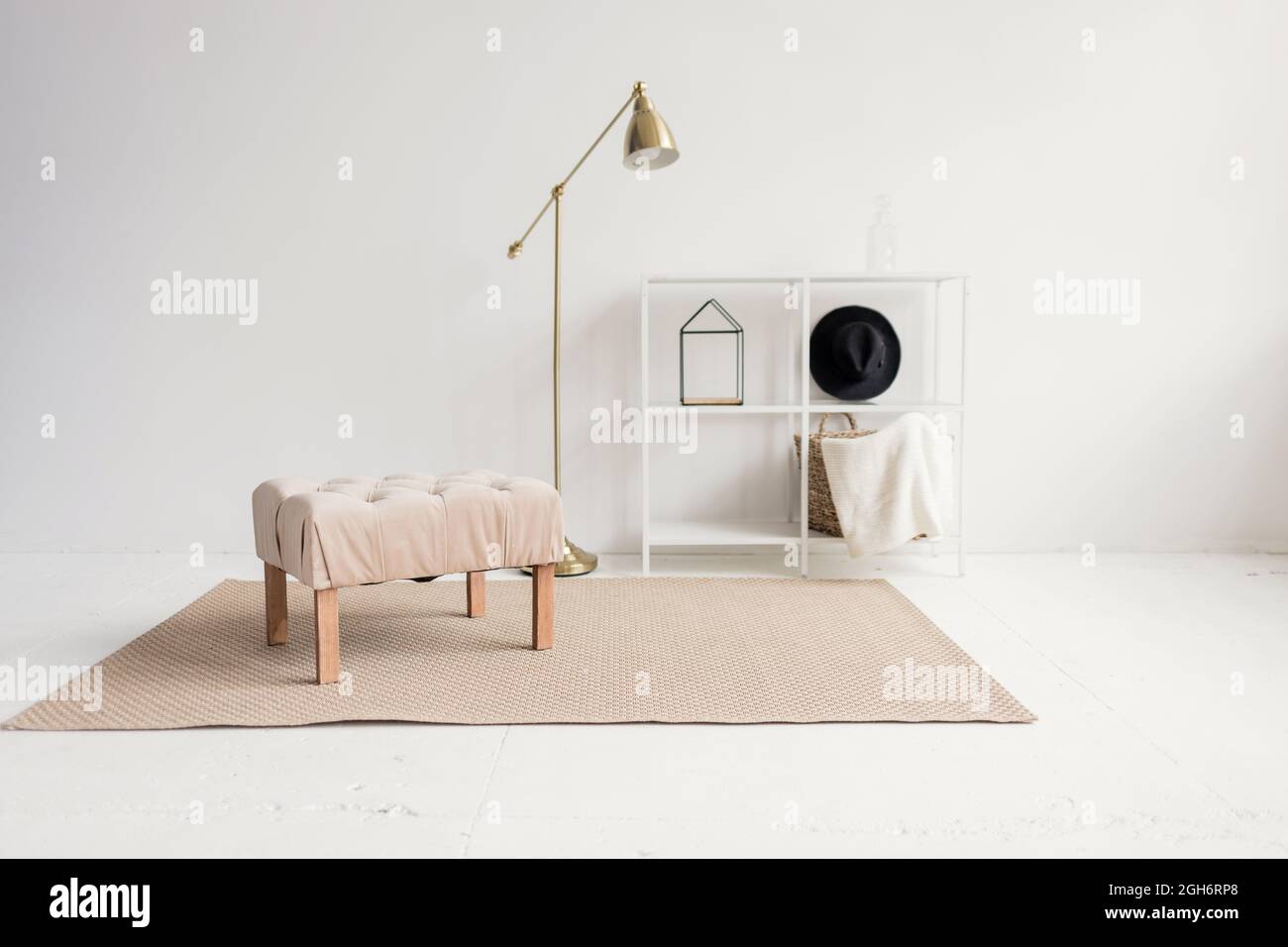 Modern interior of room with armchair and lamp on white wall background ...